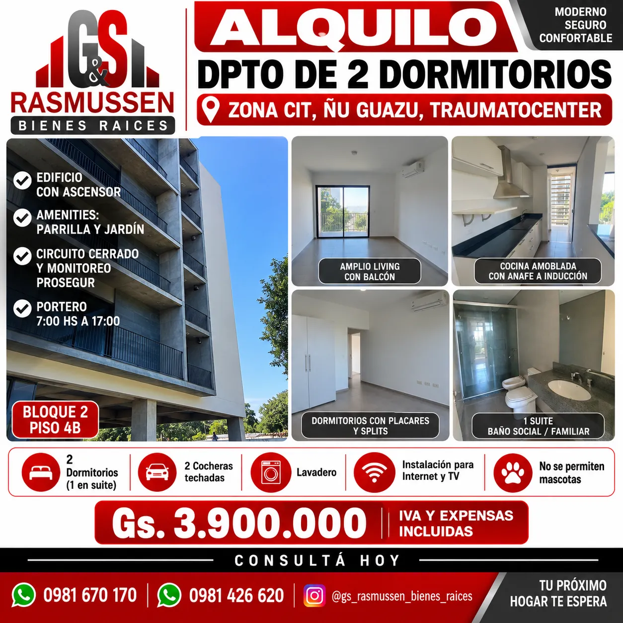 Alq. Dpto 2 D, 1 S,, 2 Coch, zona Ñu Guazu, CIT, Traumatocenter