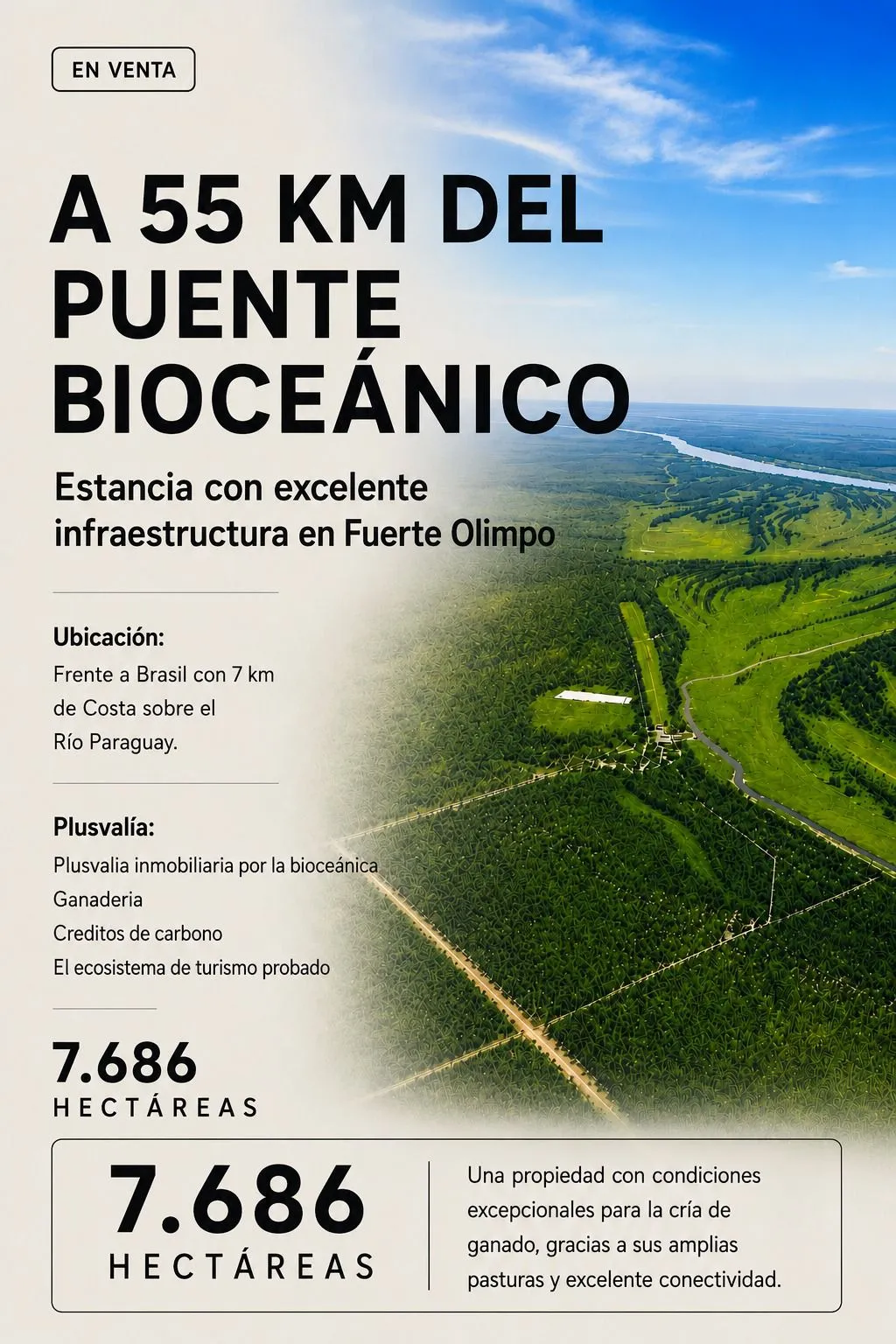 EN VENTA ESTANCIA DE 7.686 HA. EN FUERTE OLIMPO