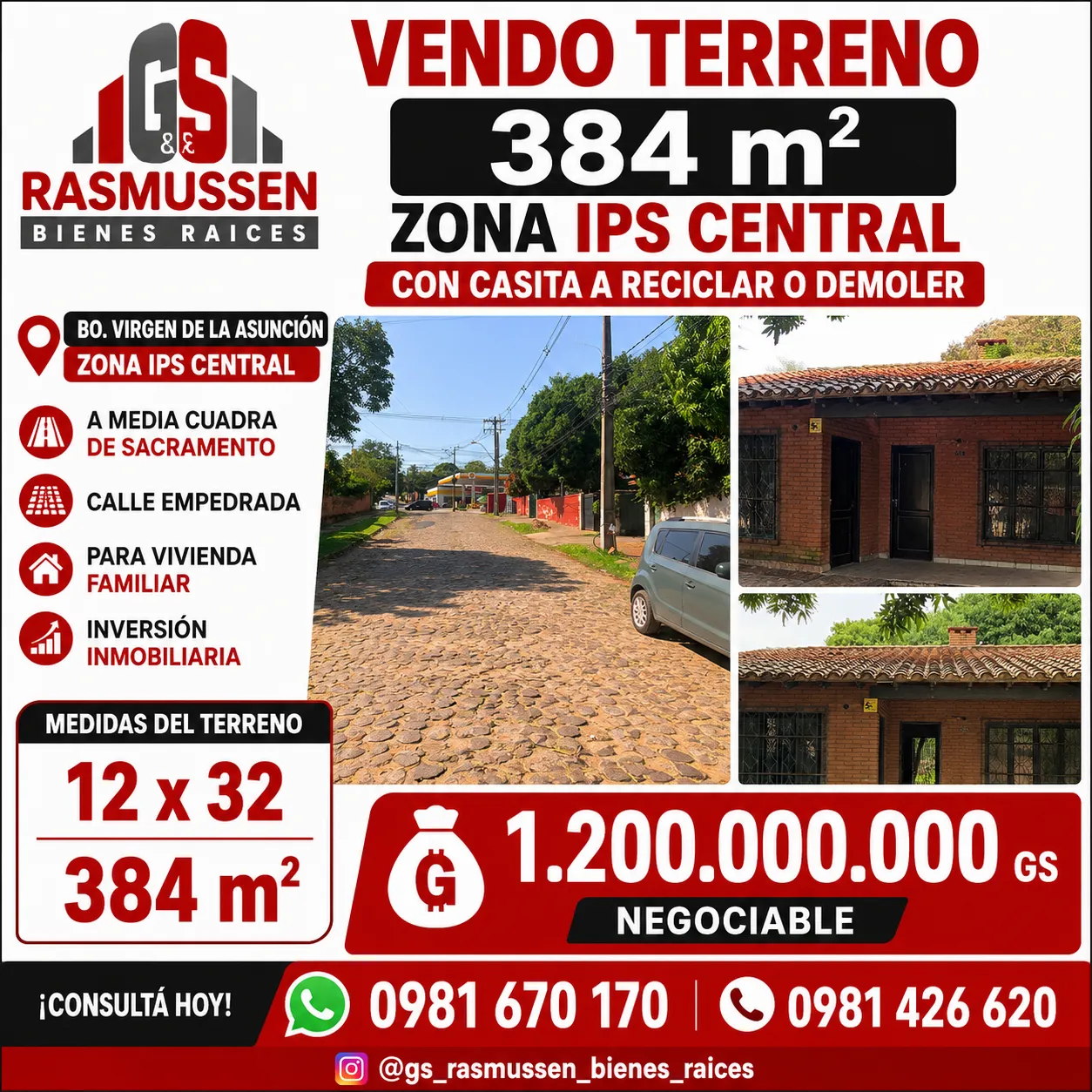 Vendo terreno 384 m2, con casa a demoler o reciclar, Av Sacramento